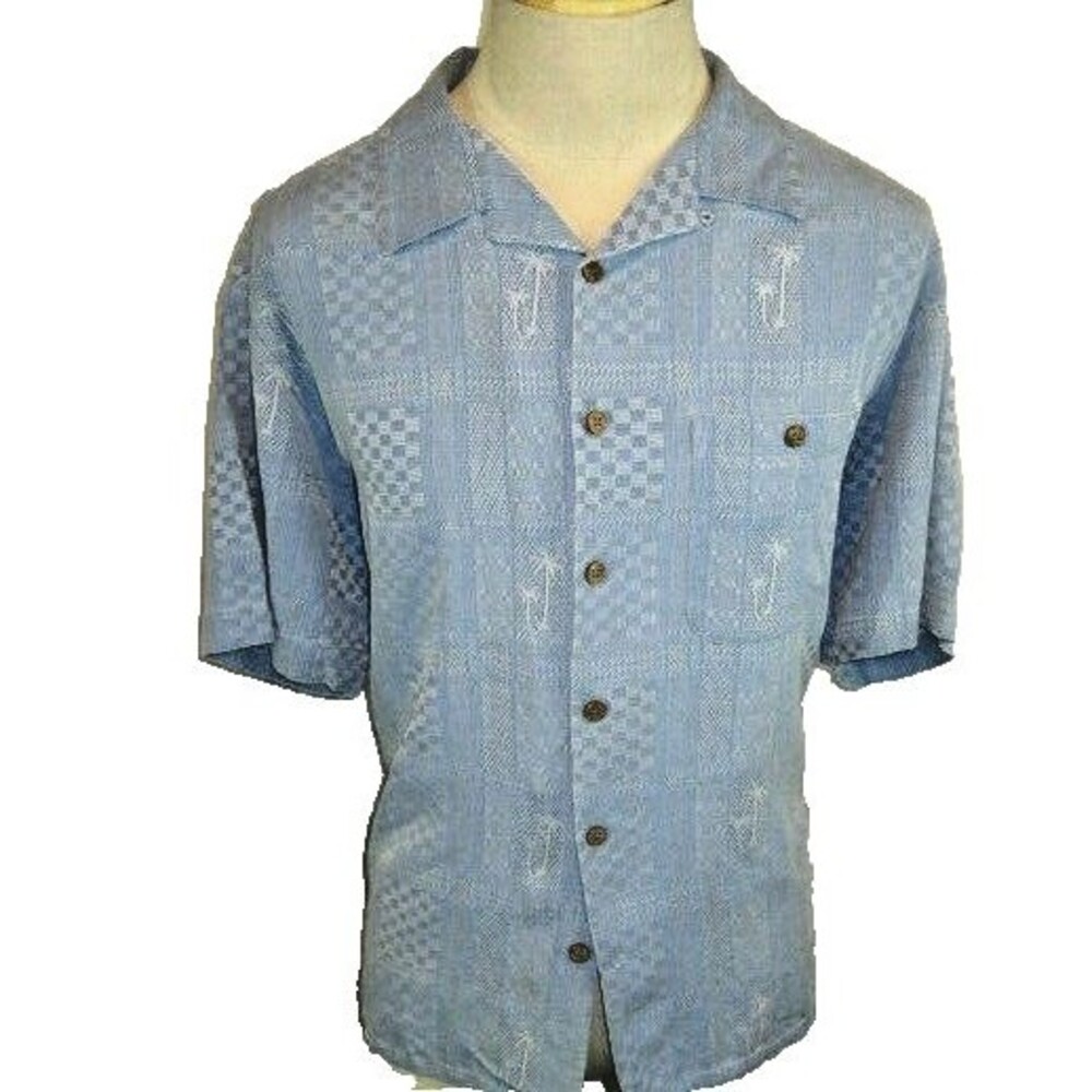 Mens Island Republic Silk Blue Jacquard Hawaiian Aloha Island Casual Shirt sz XL